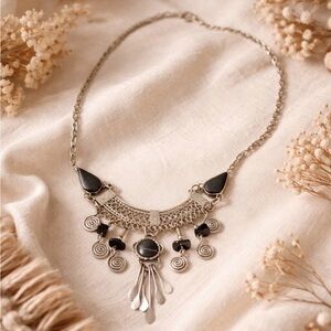 Vintage Peruvian Artisan Stone Necklace Silver Tone Dangle Tribal